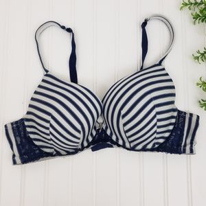 Cacique Boost Plunge Bra size 42B Blue White Stripe Sexy Classic
